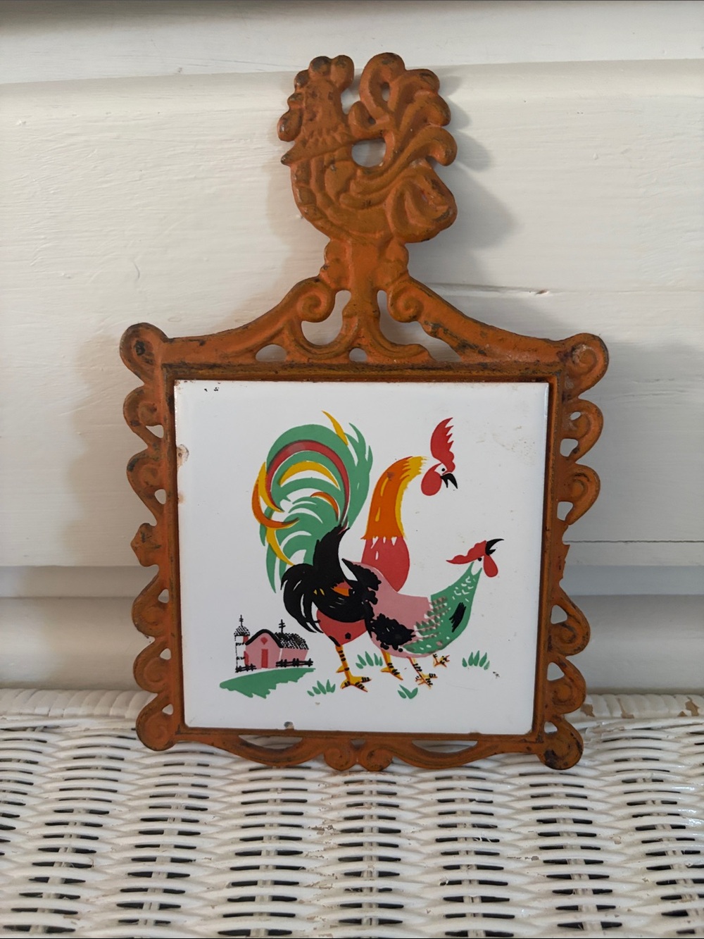 Vintage Ceramic Trivet with Country Chickens